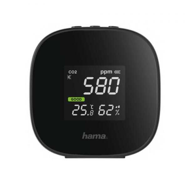 Hama | Detector de la calidad del aire (Medición de CO2, de la humedad y de la temperatura, Con batería recargable), Color Negro
